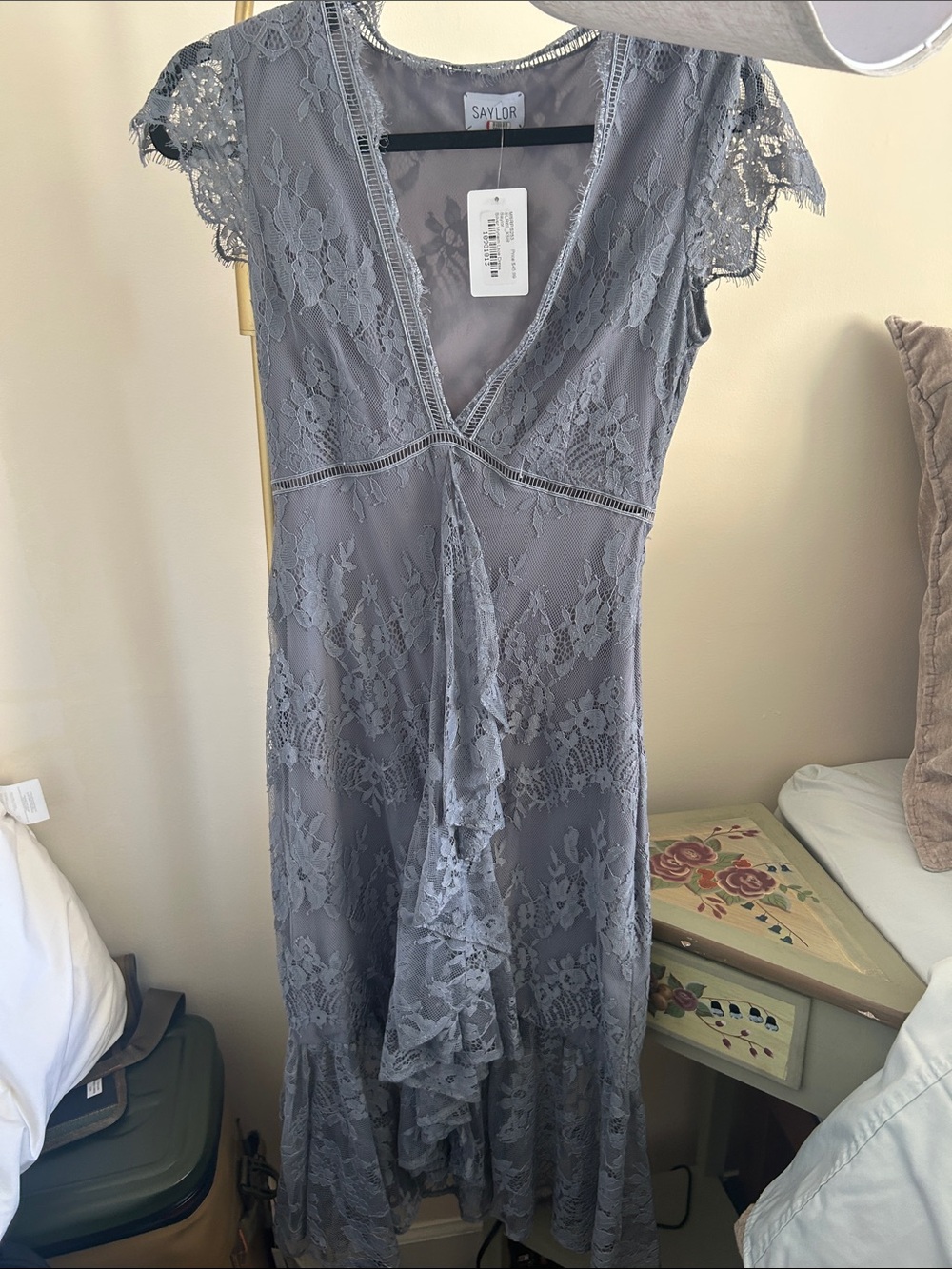 SAYLOR Slate Gray Lace V-Neck Ruffle Midi Dress